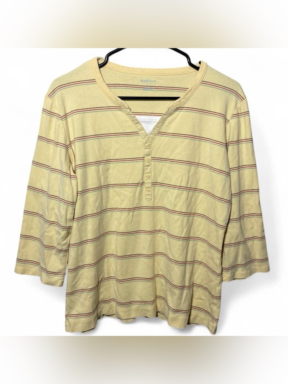 Van Heusen 100% cotton yellow striped 3/4 sleeve shirt